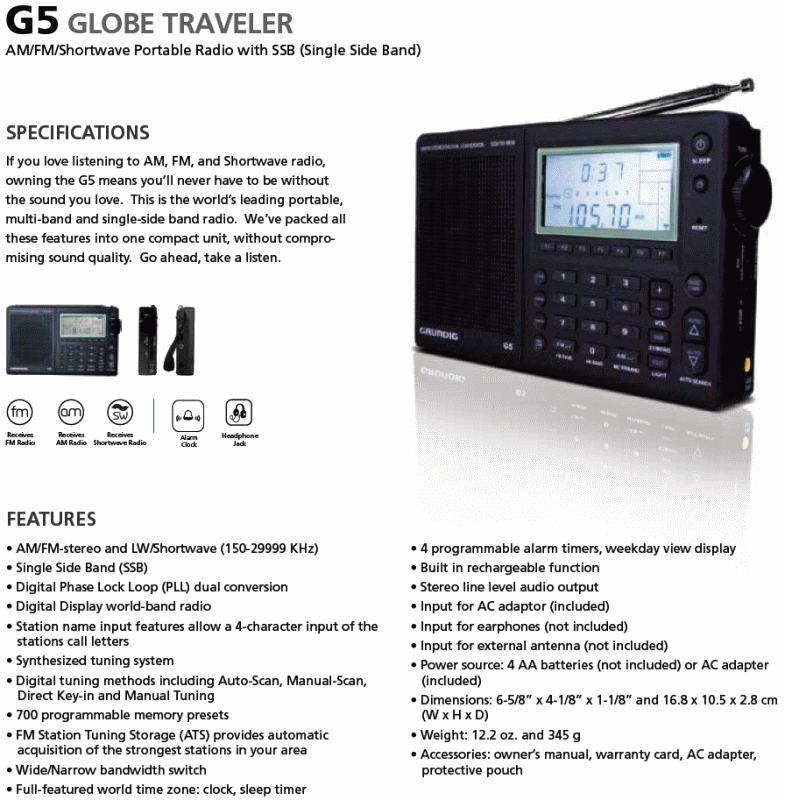 Especificações Receptor Grundig G5 Globe Traveler