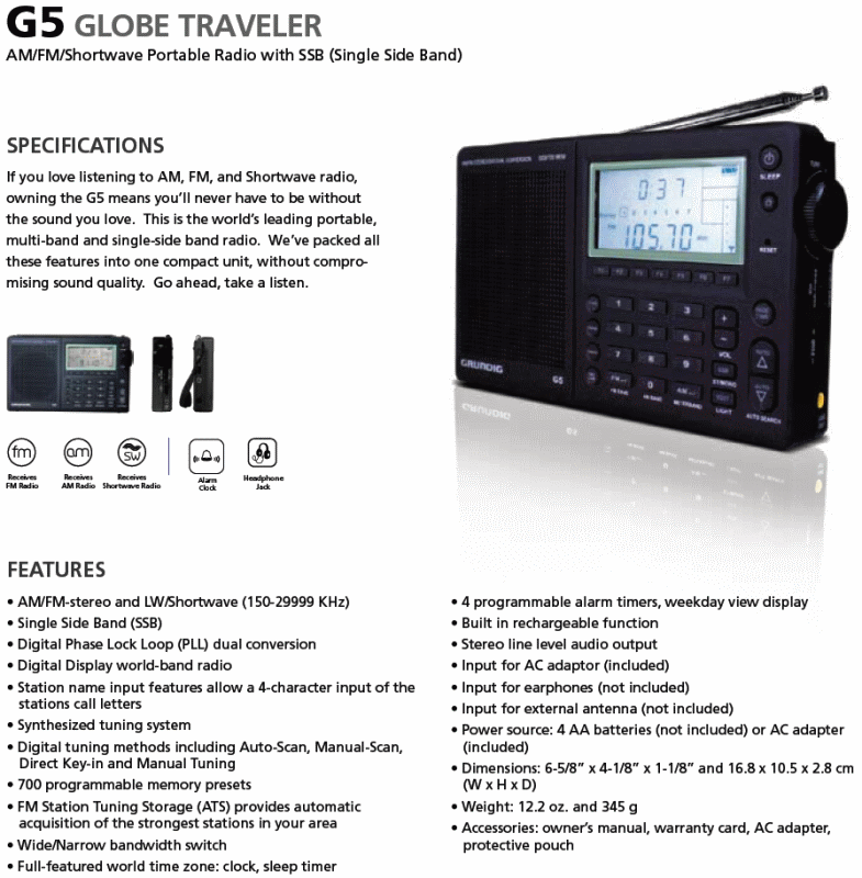 Especificaes Receptor Grundig G5 Globe Traveler