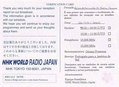 Cartão QSL da NHK Radio Japão