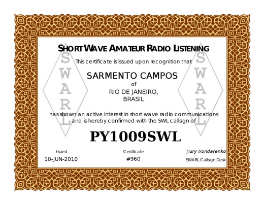 Indicativo de Radioescuta PY1009SWL