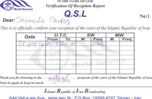 Full data QSL of IRIB Islamic Republic of Iran Broadcasting